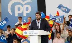 El presidente del PP en la Región de Murcia, Fernando López Miras, durante un acto de campaña del Partido Popular en Murcia, a 25 de mayo de 2023.