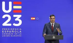 El presidente del Gobierno, Pedro Sánchez, presenta las prioridades de la Presidencia española del Consejo de la UE que comenzará el próximo 1 de julio, este jueves en el Palacio de la Moncloa