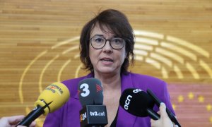 L'eurodiputada d'ERC Diana Riba en una atenció a mitjans