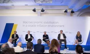 Los responsables del Banco de Japón (Kazuo Ueda),  Reserva Federal de EEUU (Jerome Powell), BCE ( Christine Lagarde) and del Banco de Inglaterra (Andrew Bailey), en el foro de política de Sintra (Portugal).