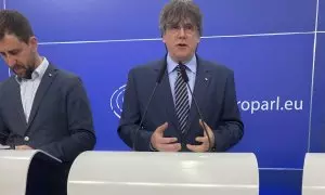 Carles Puigdemont, durant la roda de premsa després que el TGUE li hagi retirat la immunitat.