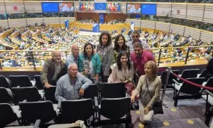 Ana Miranda, cuarta por la izquierda, con víctimas del accidente de Angrois frente al hemiciclo del Parlamento Europeo, este miércoles en Bruselas.