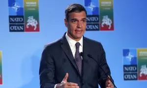 El presidente del Gobierno, Pedro Sánchez, al término de la Cumbre de la OTAN celebrada en Lituania.