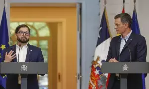 l presidente del Gobierno, Pedro Sánchez y el presidente de la República de Chile, Gabriel Boric, durante la rueda de prensa celebrada este viernes en el Palacio de la Moncloa