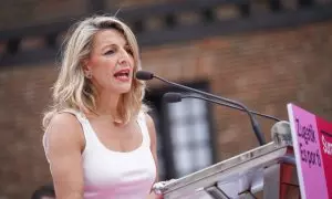 15/07/2023 - La líder de Sumar y vicepresidenta segunda y ministra de Trabajo y Economía Social, Yolanda Díaz, en un acto de campaña, a 15 de julio de 2023, en Vitoria Gasteiz, Álava, Euskadi.