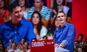 16/07/2023 - El presidente del Gobierno de España y secretario general del PSOE, Pedro Sánchez, interviene en un mitin electoral, en el Palacio de Congresos, a 16 de julio de 2023, en Barcelona, Catalunya.