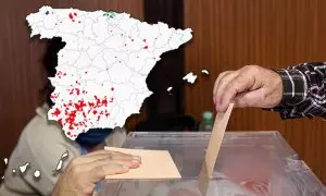 19/07/2023 Mapa con los municipios donde siempre gana el mismo partido sobre una imagen de un votante.