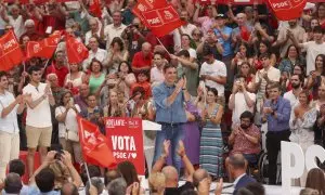 El candidato a la presidencia del Gobierno, Pedro Sánchez, durante el acto de cierre de campaña que los socialistas celebran en la localidad madrileña de Getafe