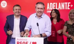 El secretario general del PSOE de Andalucía y Portavoz del Grupo Parlamentario Socialista, Juan Espadas, interviene durante la noche electoral en la sede del PSOE-A, a 23 de julio de 2023 en Sevilla (España)