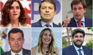 26/07/2023 - De izquierda a derecha y de arriba a abajo: Isabel Díaz Ayuso, Juan Manuel Moreno Bonilla, Alfonso Fernández Mañueco, María Guardiola y José Luis Martínez-Almeida.