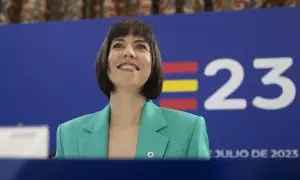 La ministra de Ciencia e Innovación en funciones, Diana Morant, sonríe durante la reunión de los ministros de Investigación de la Unión Europea el 28 de julio de 2023.