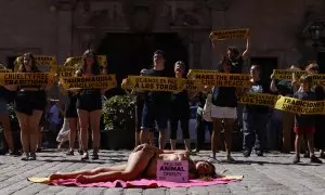 Miembros de las organizaciones por la defensa de los animales AnimaNaturalis y CAS International participan este domingo una protesta contra las corridas de toros en la Plaza de Cort de Palma de Mallorca. En Palma de Mallorca, a 06/08/2023.