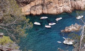 Diverses barques d'esbarjo fondejades a la cala del Cau de Palafrugell