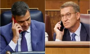 El presidente del Gobierno en funciones, Pedro Sánchez, y el líder del PP, Alberto Núñez-Feijóo, en sus escaños durante la sesión de constitución del Congreso de los Diputados.