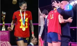 La jugadora Jenni Hermoso durante la entrega de medallas (izquierda) y el beso de Rubiales (derecha).