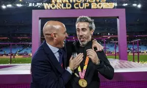 El presidente de la Federación Española de Fútbol, Luis Rubiales tras ganar España la Final del Mundial femenino de fútbol, en Sídney, a 20 de agosto de 2023.