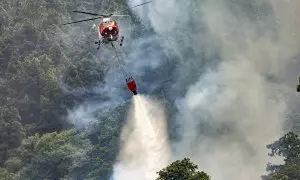 Un hidroavión trabaja en la extinción del incendio forestal en Tenerife, a 19 de agosto de 2023.