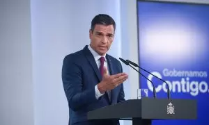 El presidente del Gobierno en funciones, Pedro Sánchez, durante una rueda de prensa en el Palacio de la Moncloa, a 22 de agosto de 2023