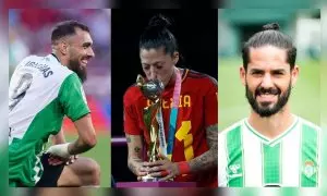 Montaje fotográfico de los jugadores del Betis Borja Iglesias e Isco Alarcón junto a la ganadora del mundo Jenni Hermoso