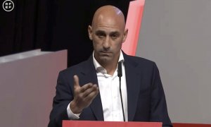 El presidente de la Real Federación Española de Fútbol, Luis Rubiales, durante su intervención en la Asamblea General de dicho organismo