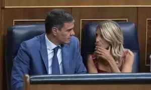 El presidente del Gobierno en funciones y secretario general del PSOE, Pedro Sánchez y la líder de Sumar, Yolanda Díaz durante la Sesión Constitutiva de la XV Legislatura en el Congreso de los Diputados