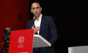 El presidente de la RFEF, Luis Rubiales, durante la Asamblea extraordinaria celebrada en Madrid, a 25 de agosto de 2023.