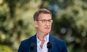 El presidente del Partido Popular, Alberto Núñez Feijóo, durante la inauguración del curso político en el Castillo de Soutomaior, a 27 de agosto de 2023, en Pontevedra