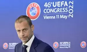 El presidente de la UEFA, Aleksander Ceferin, en la asamblea del organismo europeo del fútbol, celebrada en Viena en mayo de 2022. E.P./Hans Punz/APA/dpa