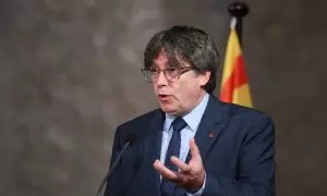 El expresidente de la Generalitat Carles Puigdemont interviene durante el homenaje al músico Pau Casals a los 50 años de su muerte en el exilio, en la Abadía de Sant Miquel de Cuixà, a 21 de agosto de 2023, en Codalet (Francia).