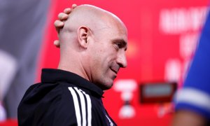 Luis Rubiales, presidente de la RFEF, durante la rueda de prensa de Jorge Vilda para dar la lista de jugadores para la Copa Mundial Femenina de la FIFA celebrada en la Ciudad del Fútbol el 12 de junio de 2023, en Las Rozas, Madrid, España.