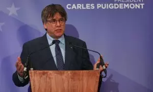 El eurodiputado de Junts y expresident de Catalunya, Carles Puigdemont, durante su intervención de este martes en Bruselas.