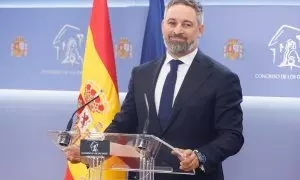 06/09/2023 El líder de Vox, Santiago Abascal, en una rueda de prensa en el Congreso.