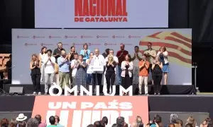 El president d'Òmnium, Xavier Antich, intervenint a l'acte de l'entitat per la Diada