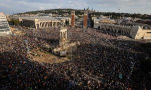 11/09/2023 - Imatge aèria de la plaça Espanya al final de la manifestació independentista de la Diada de l'11 de setembre d'aquest 2023, convocada per l'ANC.