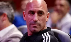 Luis Rubiales durante la rueda de prensa de Jorge Vilda para dar la lista de jugadores para la Copa Mundial Femenina de la FIFA, en Las Rozas, Madrid.