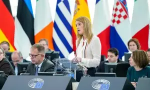 La presidenta del Parlament Europeu, Roberta Metsola, durant una intervenció Unió Europea