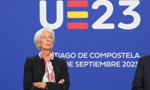 La presidenta del Banco Central Europeo (BCE), Christine Lagarde, durante una rueda de prensa tras la reunión informal de ministros de economía en el marco de la Presidencia de España de la UE, en Santiago de Compostela. E.P./Álvaro Ballesteros