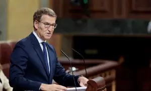 Alberto Núñez Feijóo durante su discurso de investidura durante la primera sesión del debate de su investidura este martes en el Congreso.