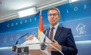 El líder del PP, Alberto Núñez Feijóo, en una rueda de prensa en el Congreso de los Diputados, a 3 de octubre de 2023, en Madrid