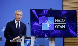 Jens Stoltenberg, secretario general de la OTAN, en la rueda de prensa tras la cumbre con el FMI y el Banco Mundial en Marrakech (Marruecos) este 11 de octubre de 2023.