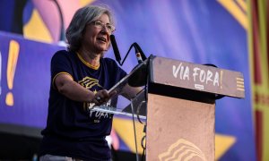 La presidenta de l'ANC, Dolors Feliu, intervé a l'acte final de la manifestació de la Diada. Autor: Jordi Borràs/ACN