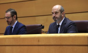 El presidente del Senado, Pedro Rollán,  junto con Javier Maroto, durante el pleno que este miércoles celebra la Cámara Alta. EFE/ Zipi Aragón