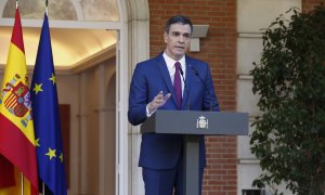 El presidente del Gobierno, Pedro Sánchez, durante su comparecencia sin preguntas en el Palacio de la Moncloa.