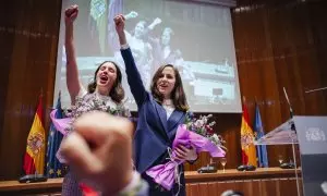 Las números uno y dos de Podemos, Ione Belarra e Irene Montero, este martes en el Ministerio de Derechos Sociales.Mateo Lanzuela / Europa Press