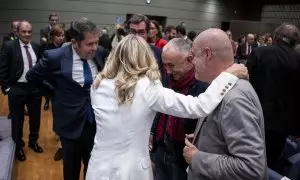 22/11/2023 - El presidente de la CEOE, Antonio Garamendi; el secretario general de UGT, Pepe Álvarez; el secretario general de CCOO, Unai Sordo y la vicepresidenta segunda y ministra de Trabajo y Economía Social, Yolanda Díaz, durante la toma de posesión