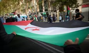 Varias personas sujetan una bandera durante una manifestación en apoyo al Sahara Occidental, desde Atocha a la plaza de Jacinto Benavente, a 11 de noviembre de 2023, en Madrid