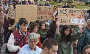 Varias personas sujetan carteles durante una manifestación contra la violencia machista en Santander, a 25 de noviembre de 2023.