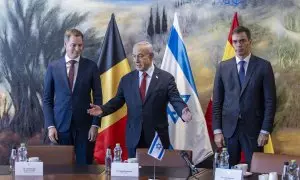 El primer ministro belga, Alexandre De Croo, el primer ministro de Israel, Benjamin Netanyahu y el presidente del Gobierno, Pedro Sánchez, la pasada semana en Jerusalén.