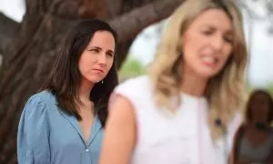 La secretaria general de Podemos, Ione Belarra, y la líder de Sumar, en un mitin de la campaña electoral del 23J, en Navarra. E.P./Iván Delgado