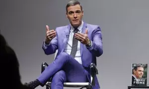 El presidente del Gobierno, Pedro Sánchez, durante la presentación de su segundo libro, "Tierra firme', este martes en Madrid, a 11 de diciembre de 2023.